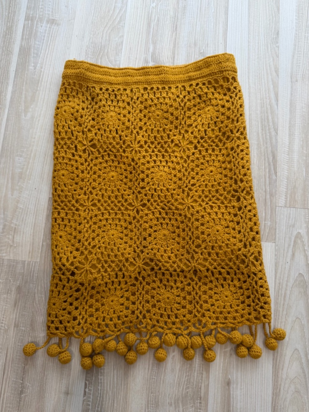 Honey Punch Mustard Crochet Pom-Pom Midi Skirt